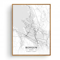 Bergen - Bykart med GPS Koordinater - Hvit Lerret